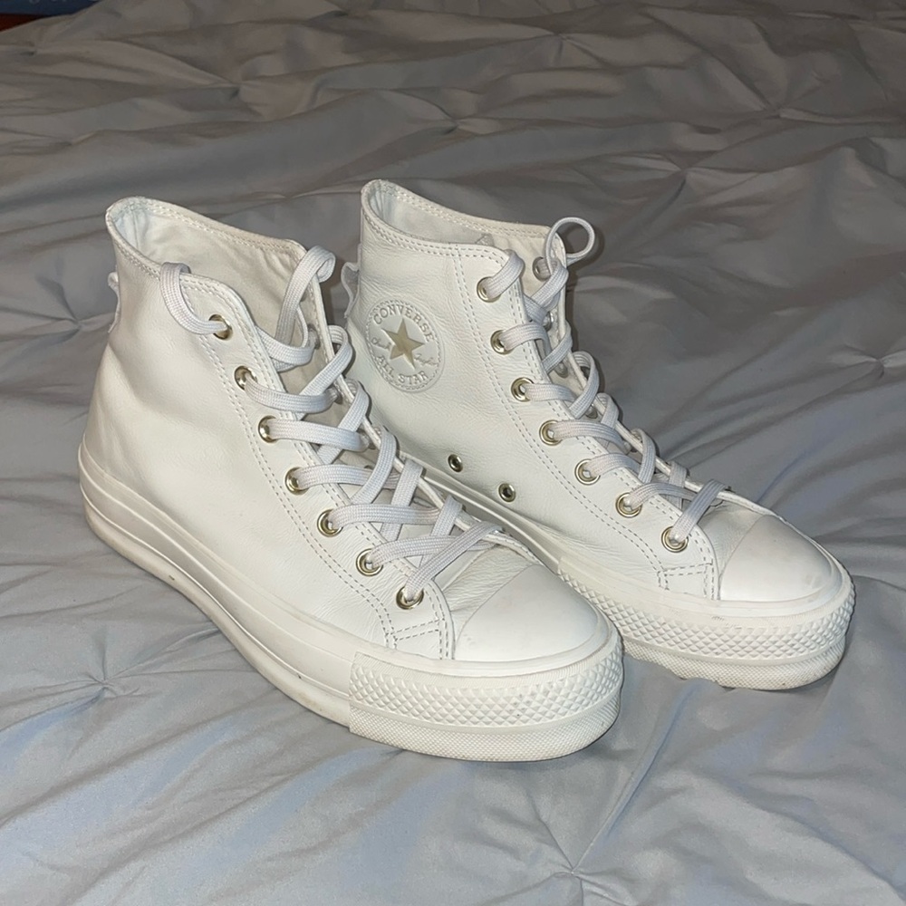 Leather White & Gold High Top Platform Converse